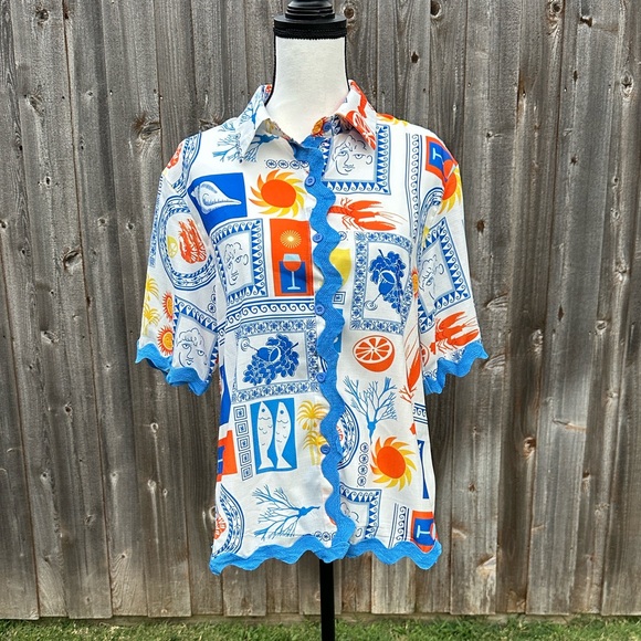 unknown Tops - Contrast Sleeve Nautical Print Shirt EUC